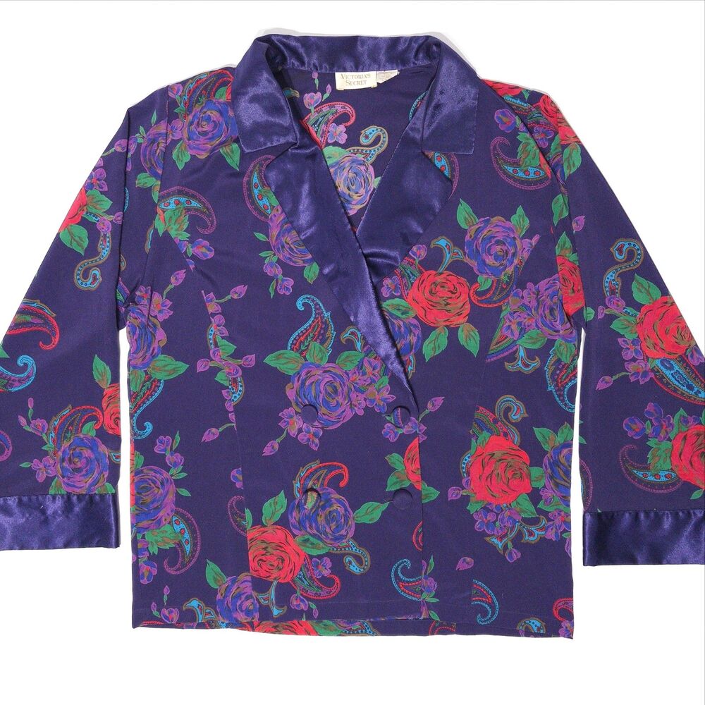 VTG Victoria's Secret Gold Label Purple Roses Satin Double Breasted Pajama Top M